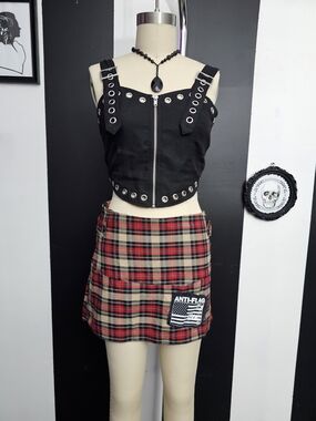 Vintage Red and Tan Plaid Mini Skirt with Patch
